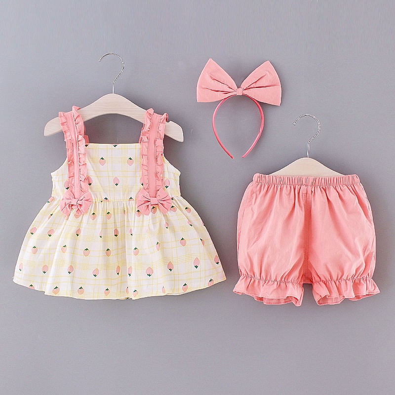 3-piece Baby Strappy Dresses, Solid Shorts and Hairband Set